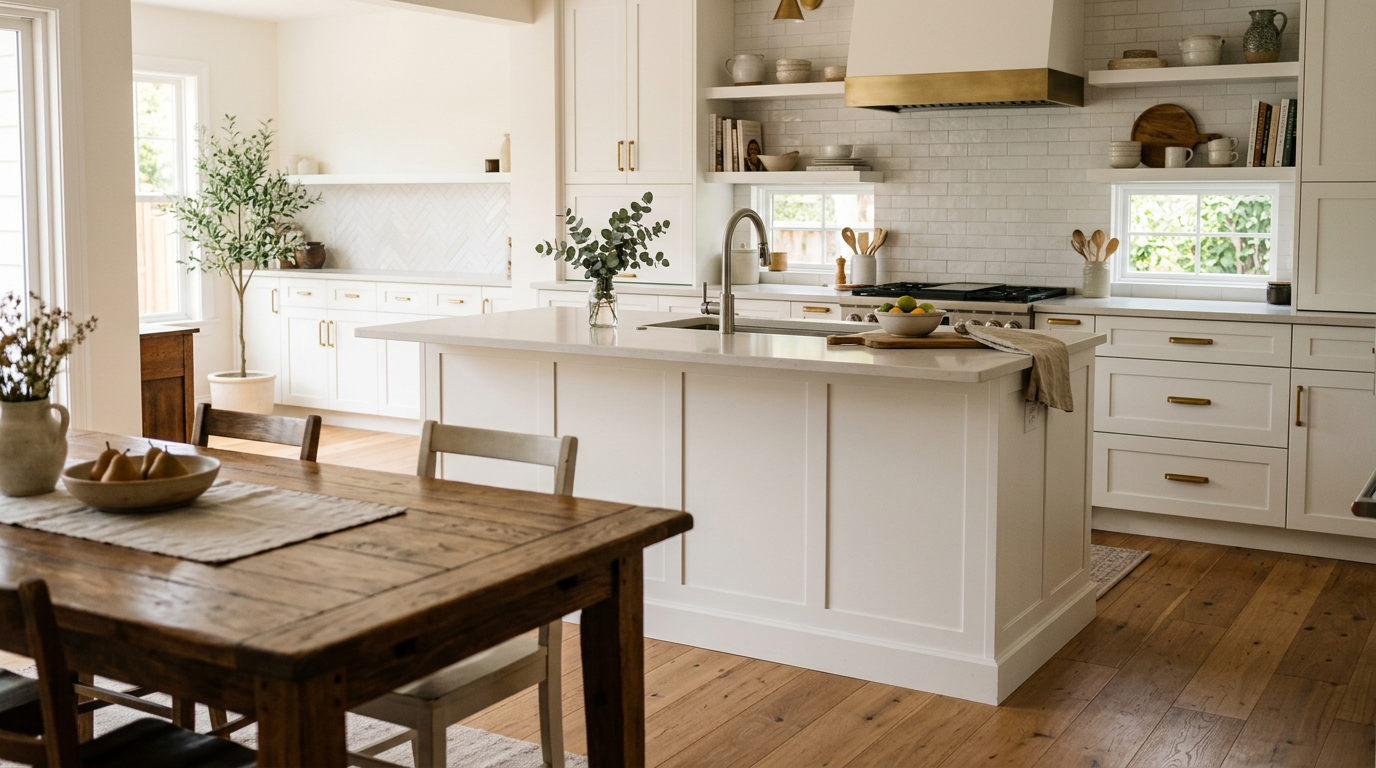 A bright home kitchen with a white island and a stone-coat countertop, a rustic oak table in the foreground