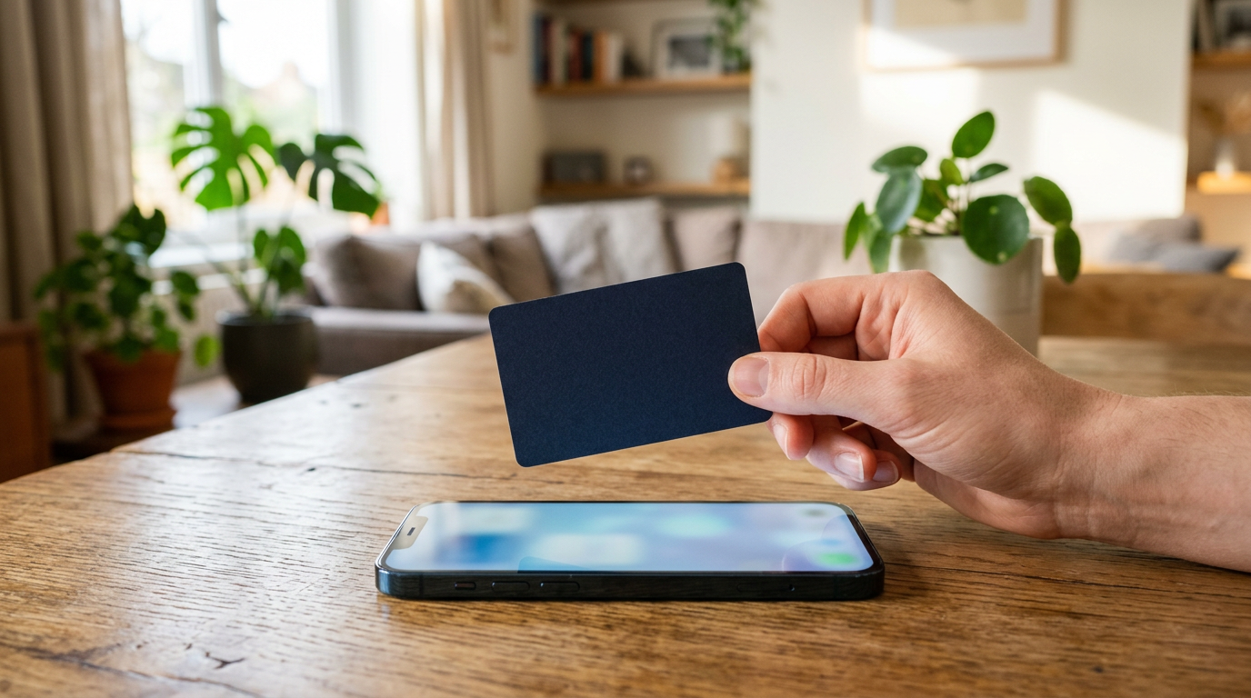 A hand holding a card above a phone on a wooden table