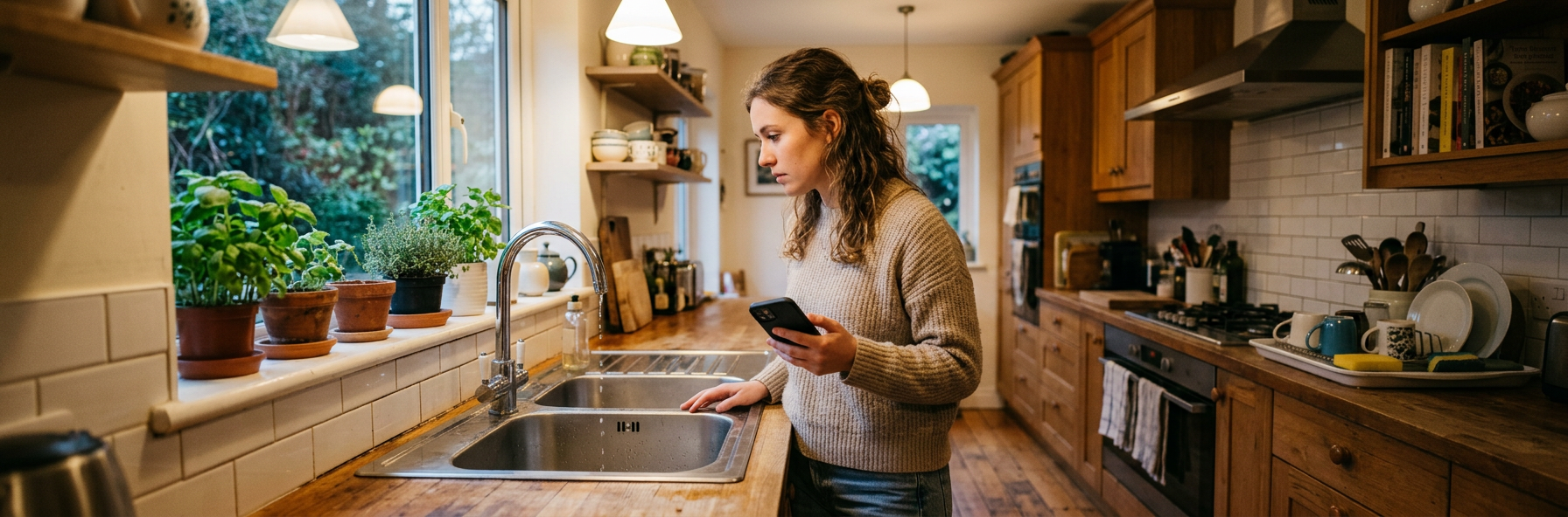 A woman in her kitchen holding a phone and looking at a dripping tap
