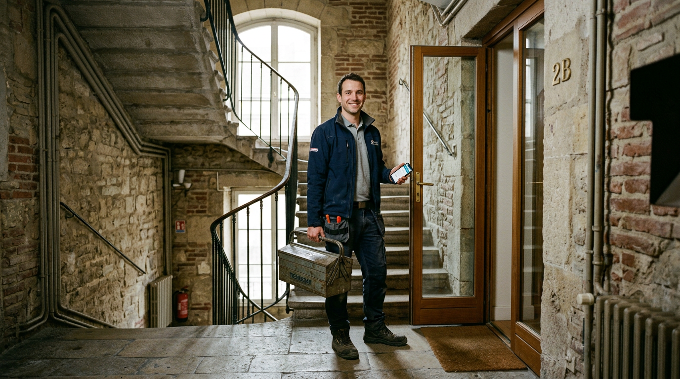 A technician at an apartment door holding a toolbox and a phone