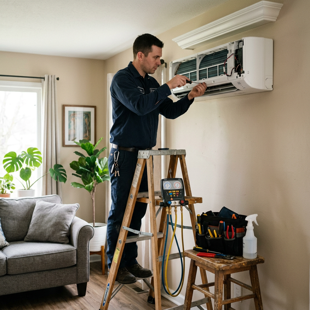 A technician servicing a wall-mounted air conditioner