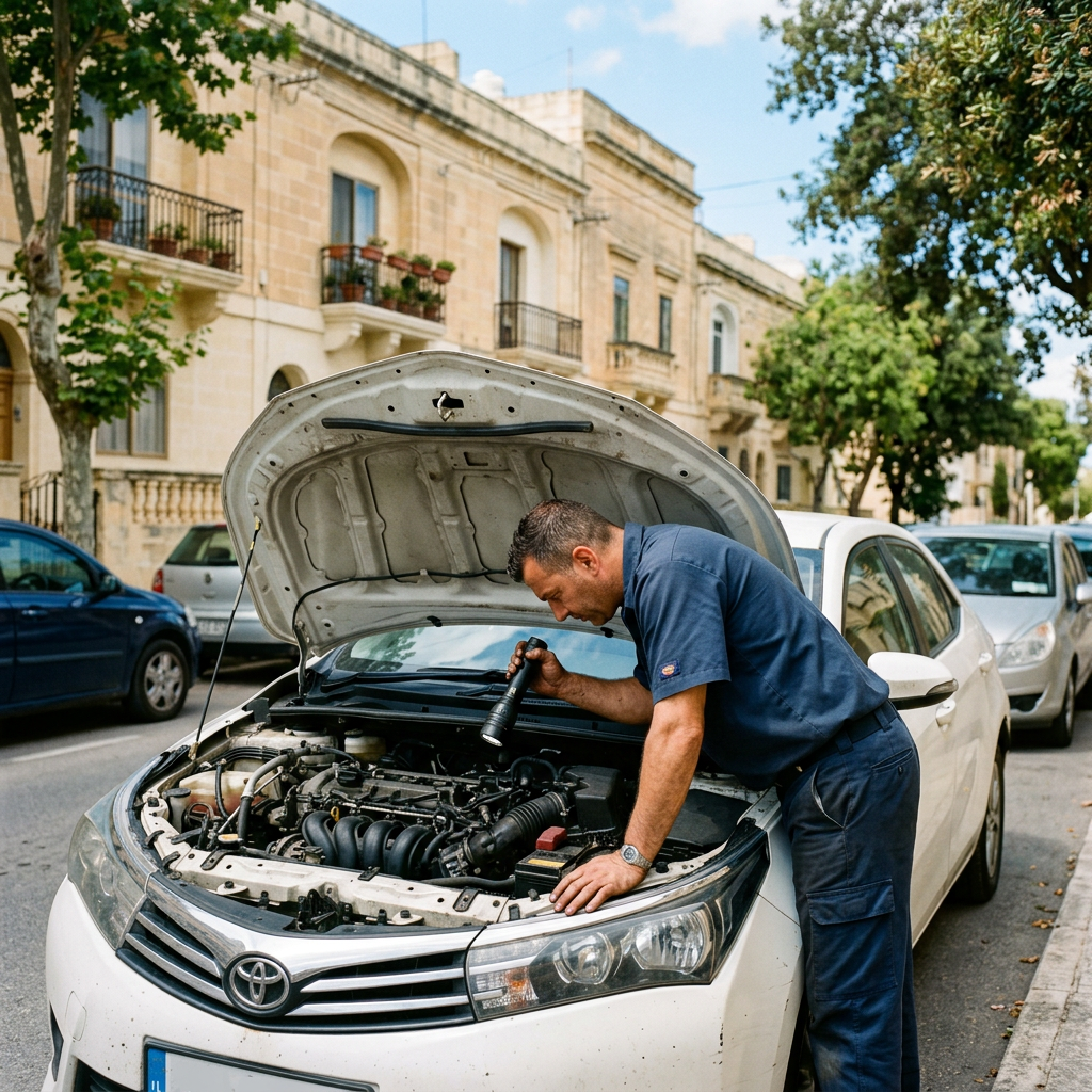 A mechanic checking an engine under an open car hood