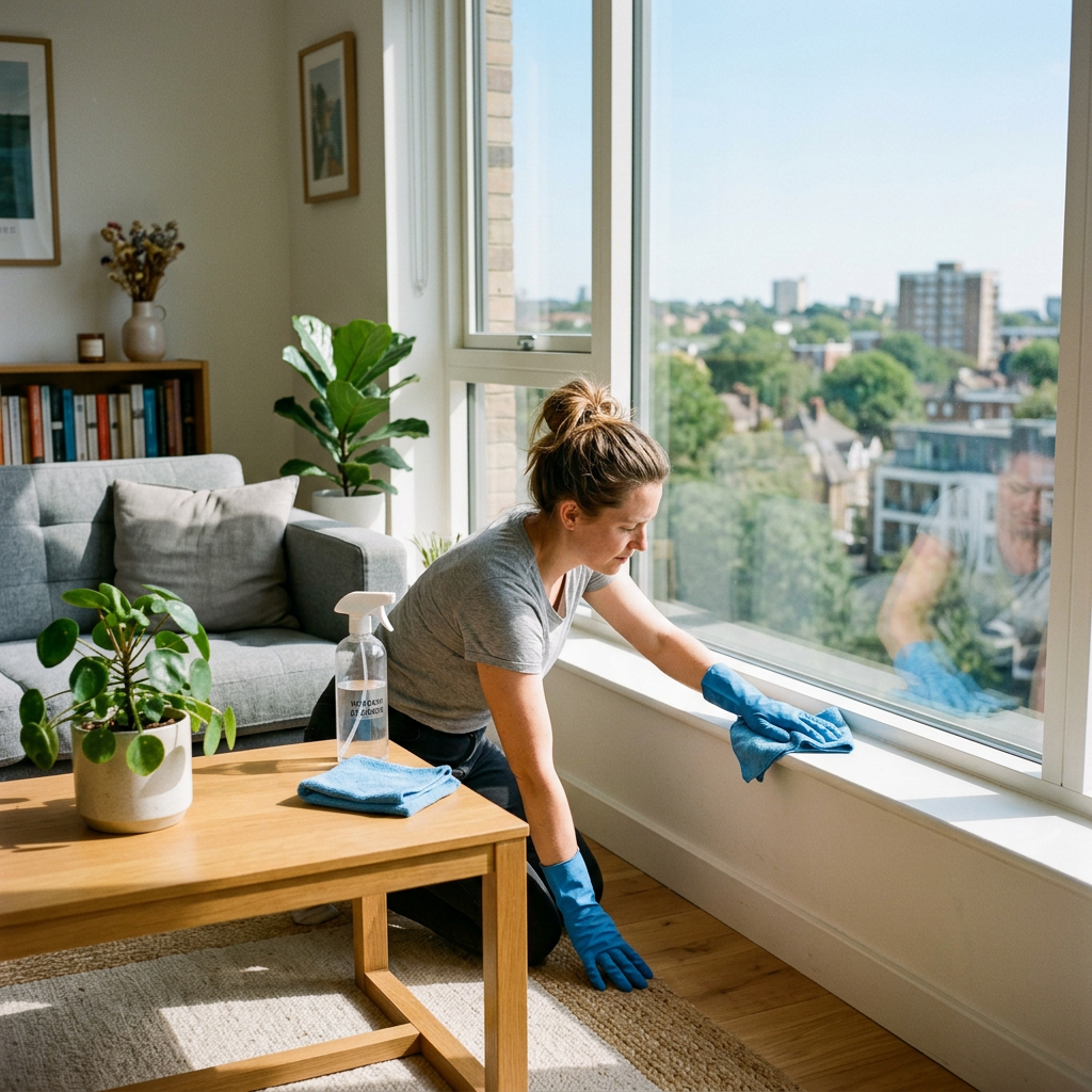 A person in gloves wiping a window sill in a sunlit flat