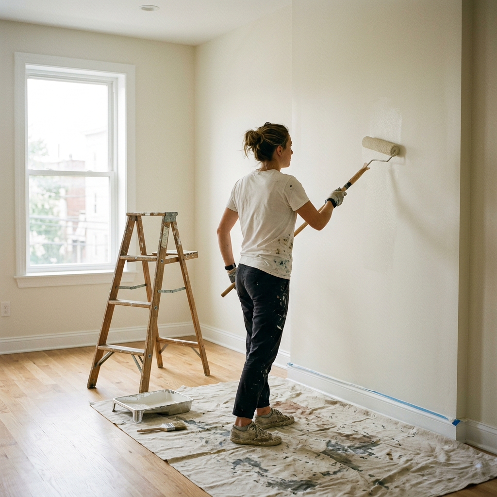 A painter rolling paint onto a wall in an empty room