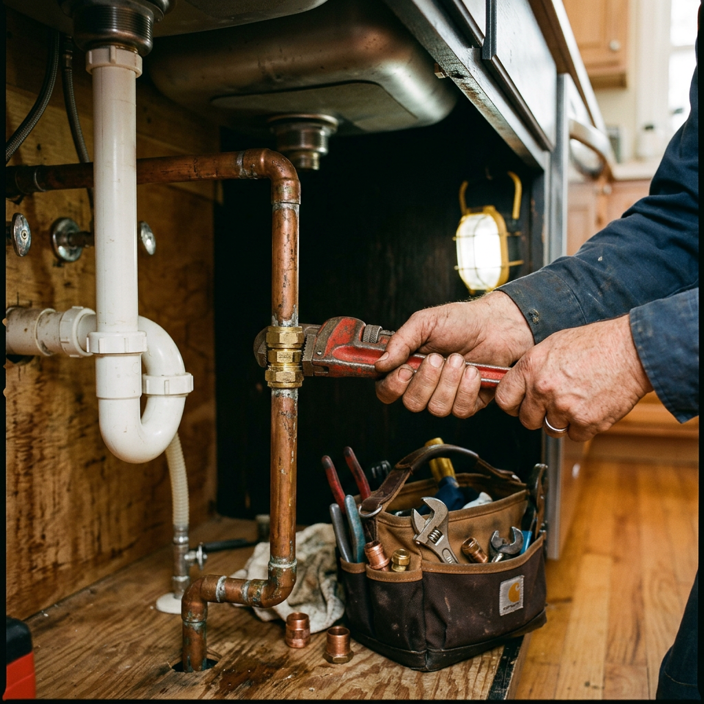 A plumber tightening a copper pipe under a kitchen sink